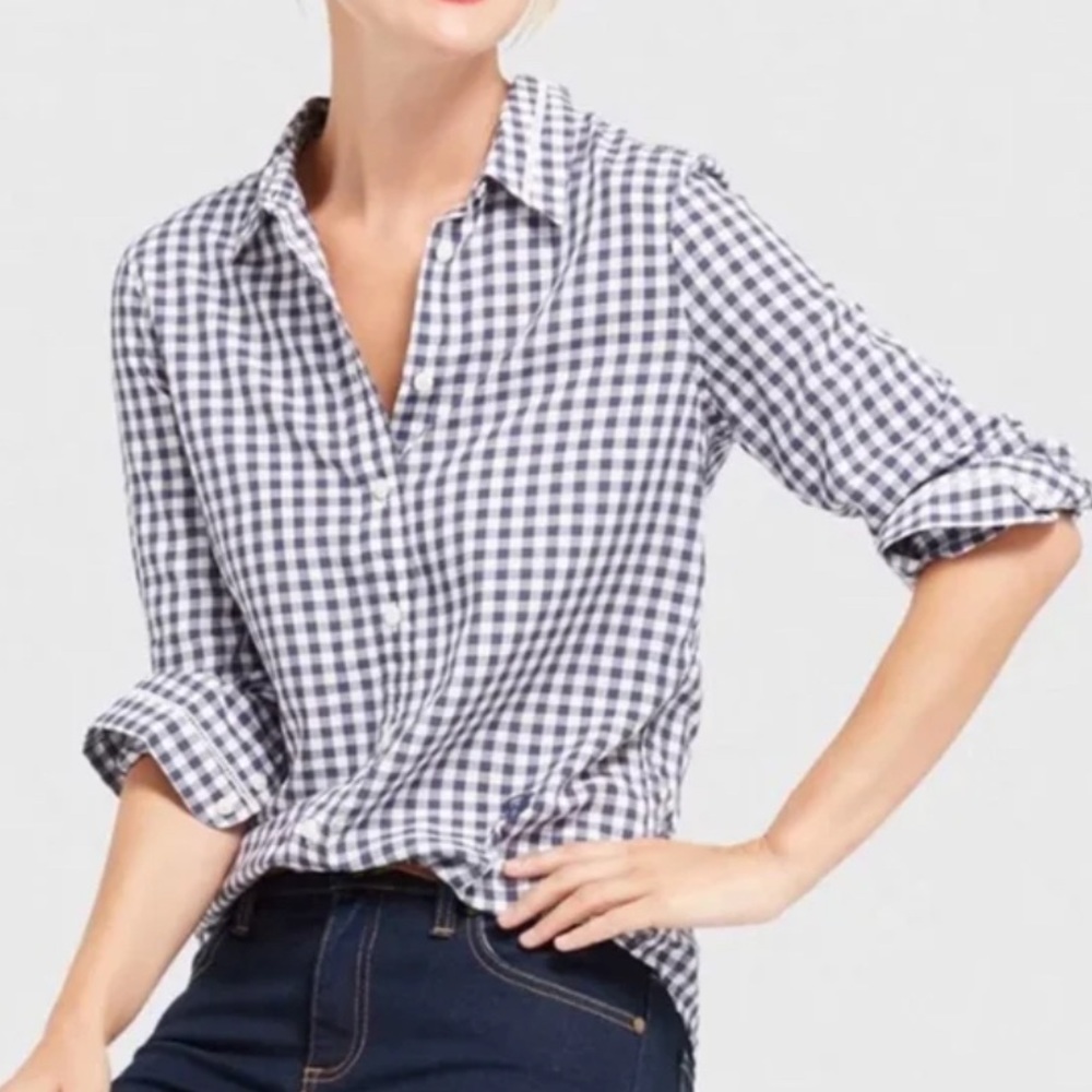 Draper James NWT Elliot Gingham Shirt Size 14 Navy Blue White Check Button Down